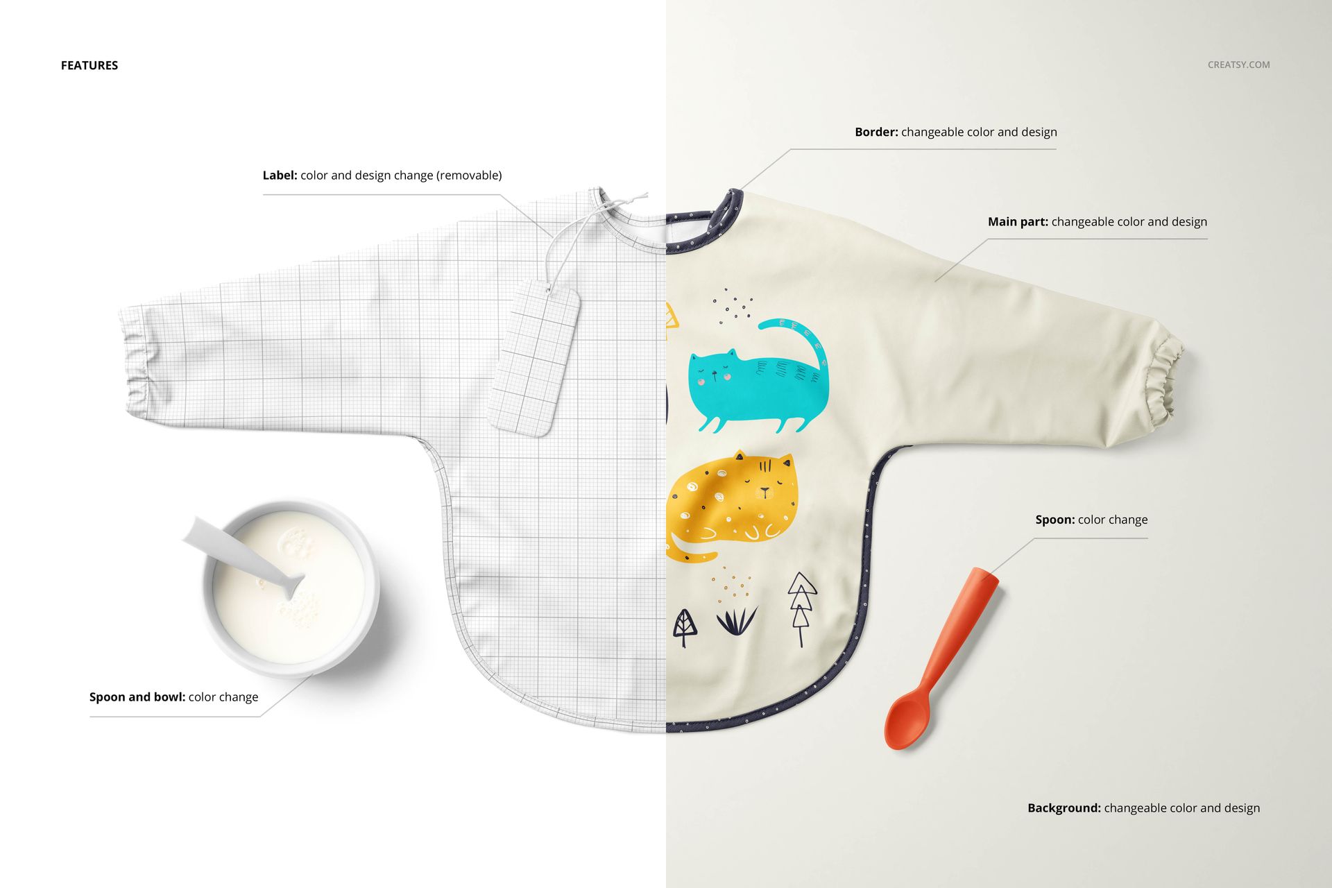 Baby sleeved bib mockup set showing a long-sleeved bib split into two design styles, with a bowl and spoon on a light background.
