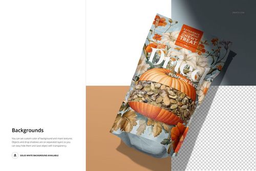 Front view of a paper pouch packaging mockup for pumpkin seeds, featuring autumn floral graphics and a large pumpkin.
