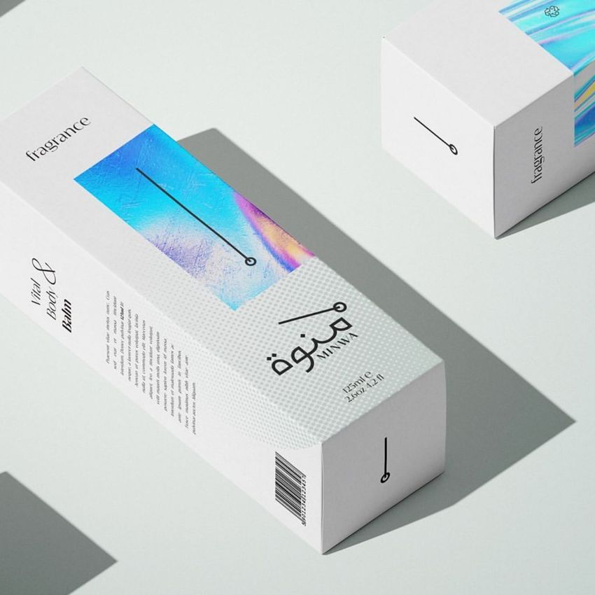 Tall box mockup featuring a white rectangular packaging with minimalist black text, abstract blue and iridescent accents, and subtle shadow on a light background.