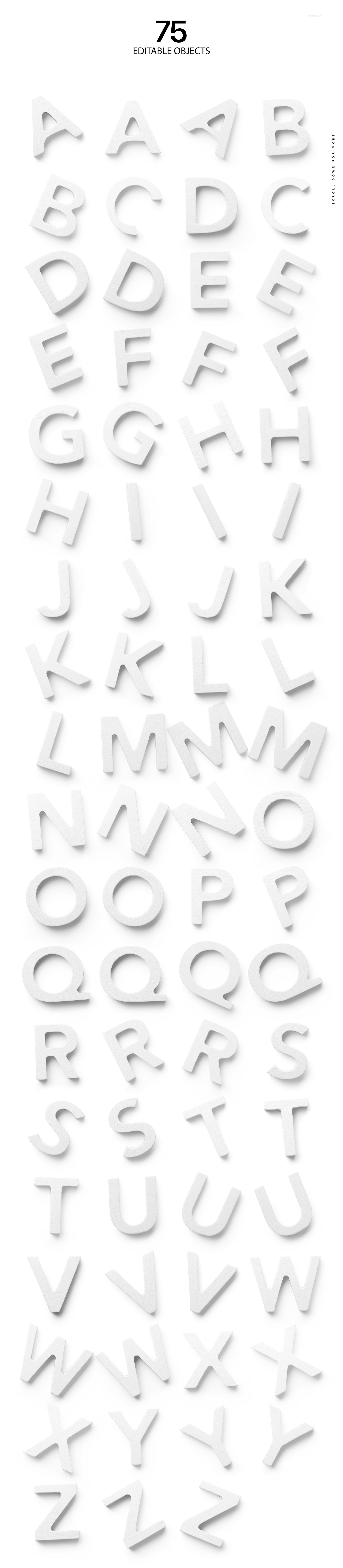 PSD mockup featuring 75 painted wooden letters, each separated and shown with individual drop shadows on a white surface.