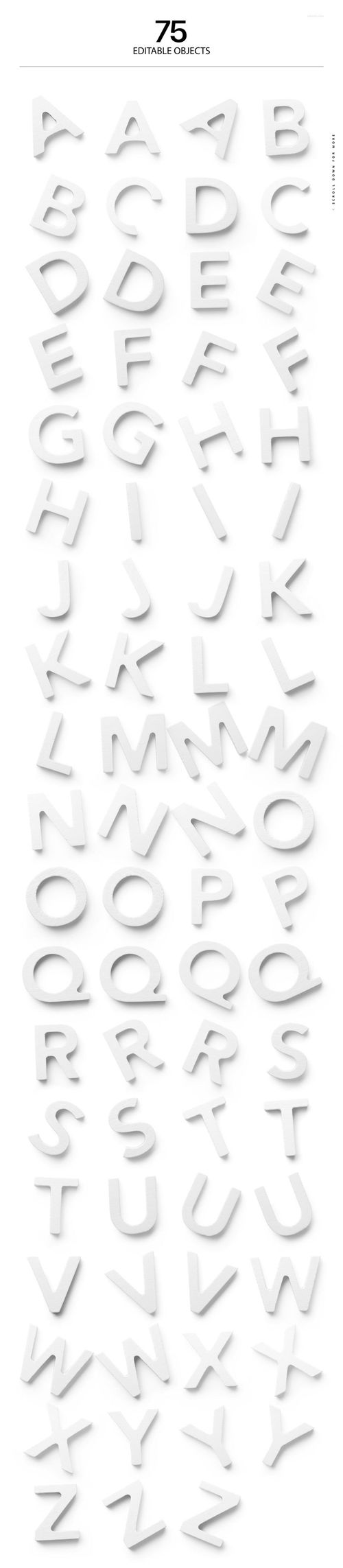 PSD mockup featuring 75 painted wooden letters, each separated and shown with individual drop shadows on a white surface.