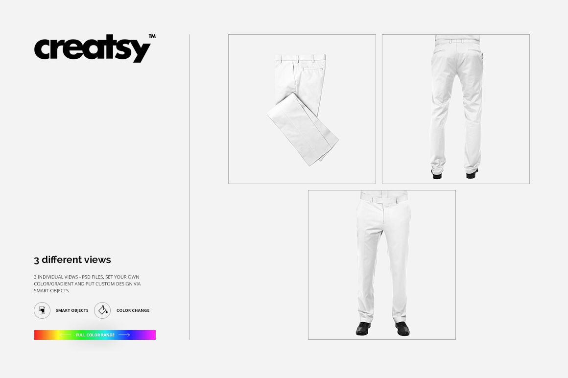Adult trousers mockup set showing three views: folded, back, and front, all in plain white on a neutral background.