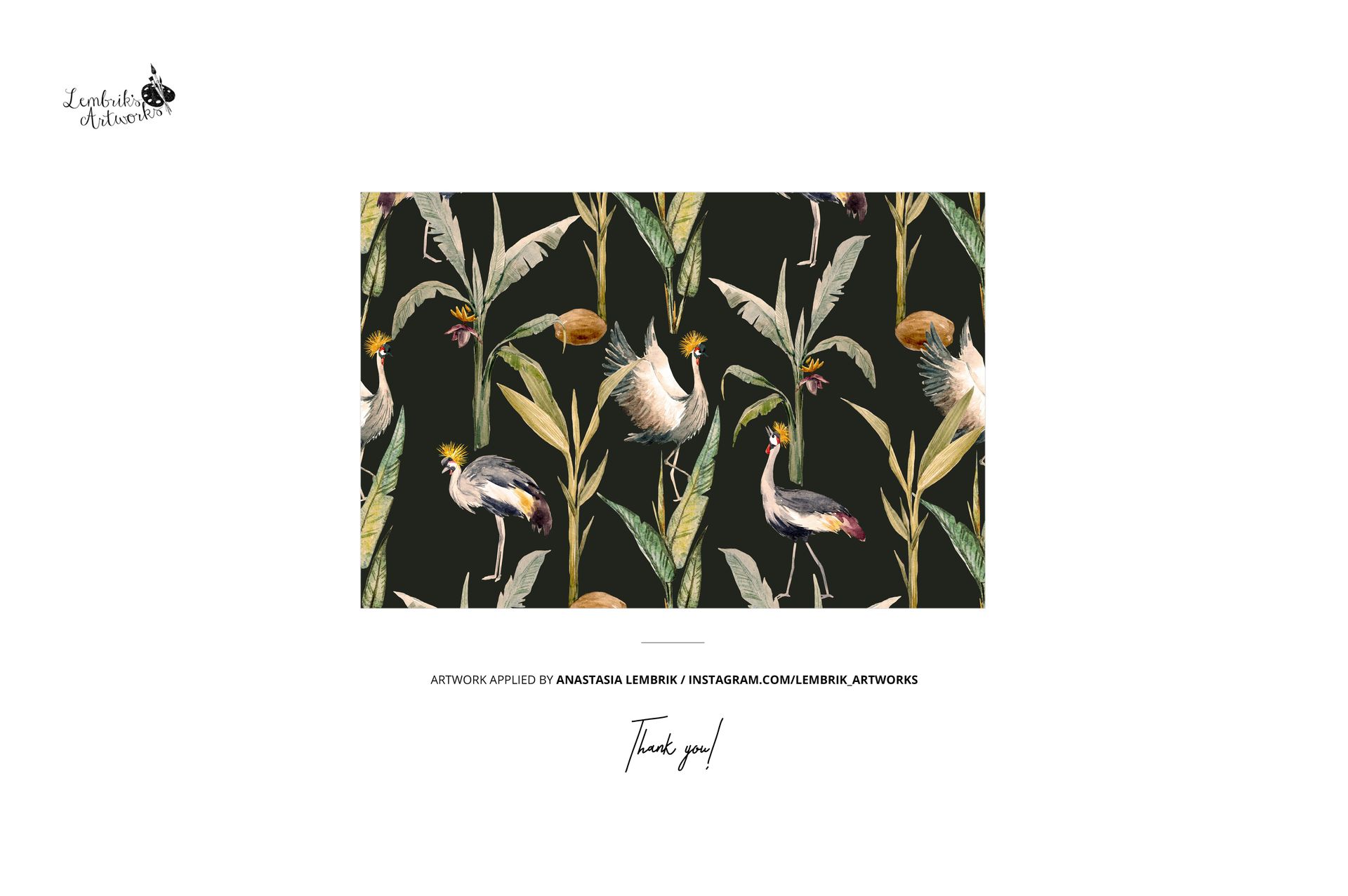 Rectangular mockup scene displaying a retro velvet armchair pattern with cranes and tropical leaves on a dark background.