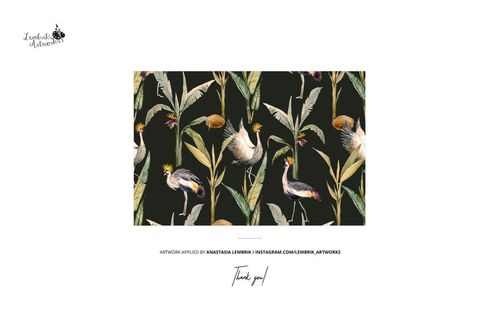 Rectangular mockup scene displaying a retro velvet armchair pattern with cranes and tropical leaves on a dark background.