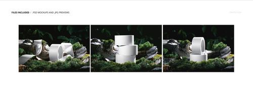 Stacked and unspooled white tape rolls showcased on moss with forest greenery and textured wood in a PSD mockup scene.