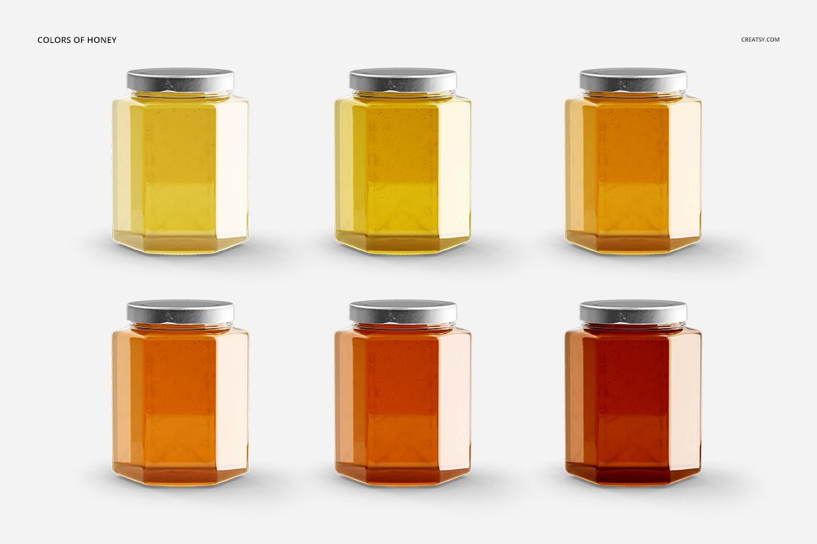 Six transparent hexagonal jars filled with honey in varying shades, displayed in a PSD mockup on a white surface.