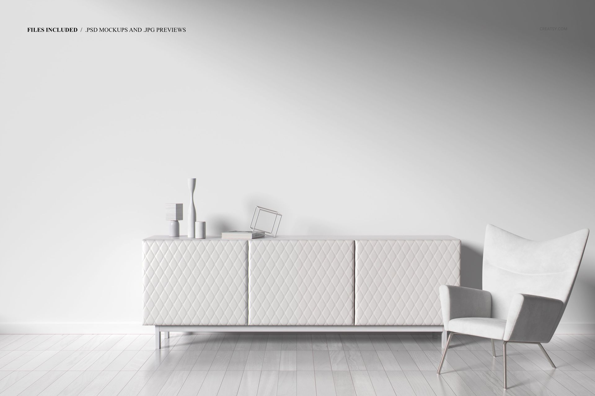 Elegant sideboard and armchair mockup in a bright space with white walls and light wood flooring, PSD format.