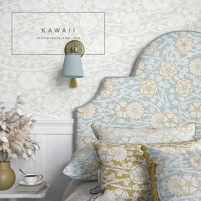 Bedroom mockup showing a blue and gold floral headboard, patterned pillows, and wallpaper with a similar botanical design.