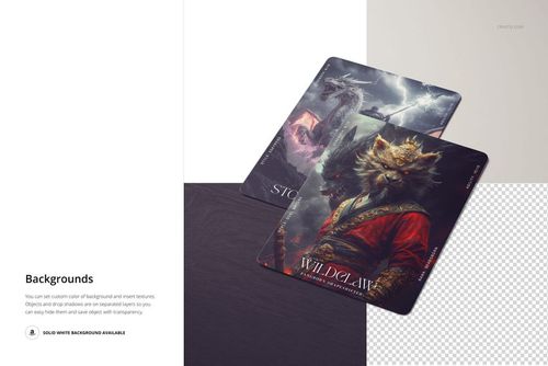 Two trading cards mockup displayed at an angle on a dark surface, featuring fantasy artwork and dramatic lighting.
