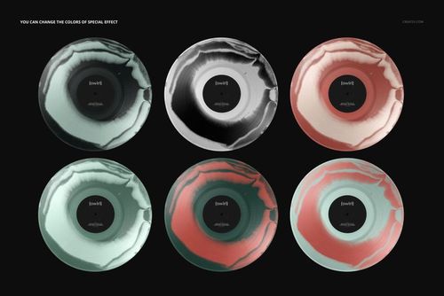 Swirl effect vinyl record PSD mockup showing six different colored records arranged in two rows.
