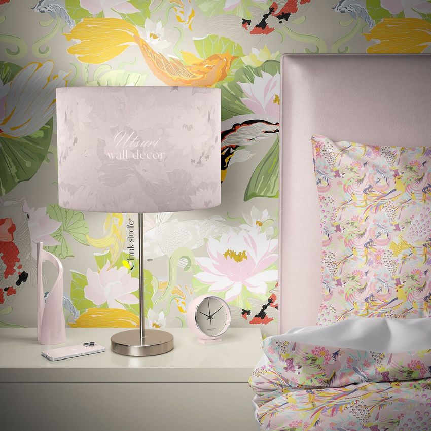 Bedroom bedside table lamp mockup featuring a floral wallpaper, pastel bedding, and decorative items on a white nightstand.