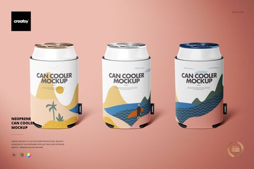 Three neoprene can cooler mockups displayed side by side, featuring scenic patterns and beverage cans on a pink surface.