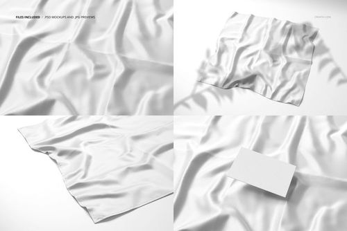 Square silk scarf with narrow hem shown in four mockup views, featuring smooth white fabric and soft folds.