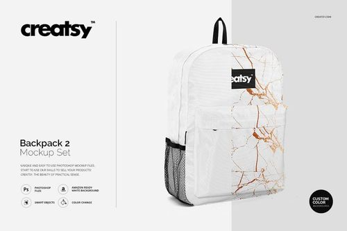 PSD mockup of a backpack showing a white surface with orange marble streaks and a black mesh pocket, front perspective.