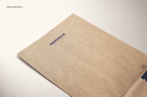 Kraft paper lunch bag mockup shown from a diagonal perspective, featuring minimal blue text and plain surface.
