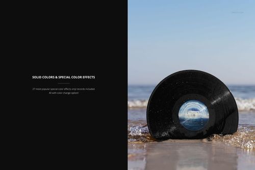 PSD mockup showing a vinyl record set in shoreline sand, with gentle waves and clear sky behind.