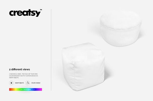 PSD mockup featuring a cube ottoman and a round ottoman in white, displayed on a neutral background with soft shadows.