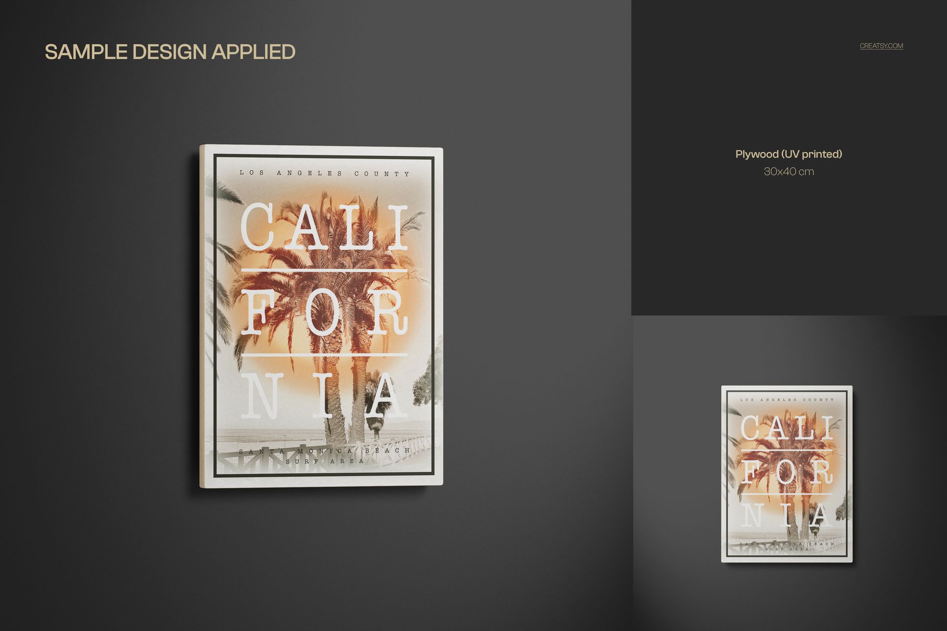 Front view of a plywood wall art mockup displaying a coastal image with palm trees and soft sepia colors.