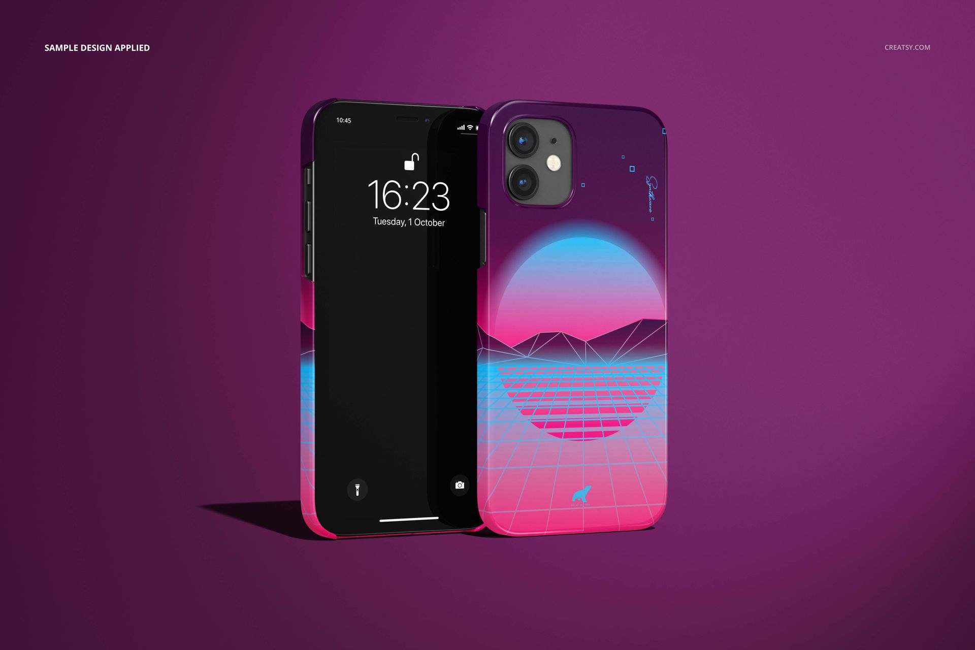 iPhone 12 glossy snap case mockup set displaying colorful sunset and grid pattern, positioned against a solid purple scene.