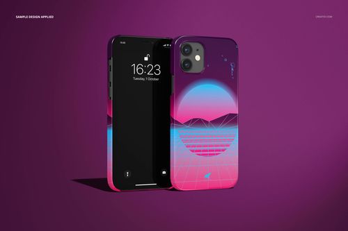 iPhone 12 glossy snap case mockup set displaying colorful sunset and grid pattern, positioned against a solid purple scene.