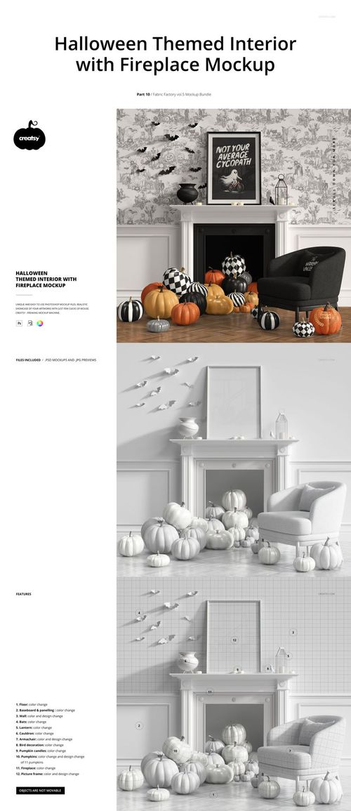 Halloween themed living room mockup with a fireplace, assorted pumpkins, and a framed poster on the mantel.