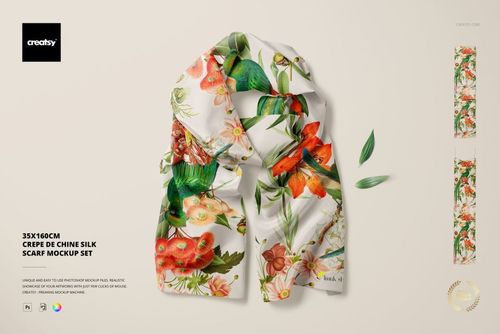Silk scarf with vibrant floral pattern displayed in a loose knot on a neutral background, mockup set layout.