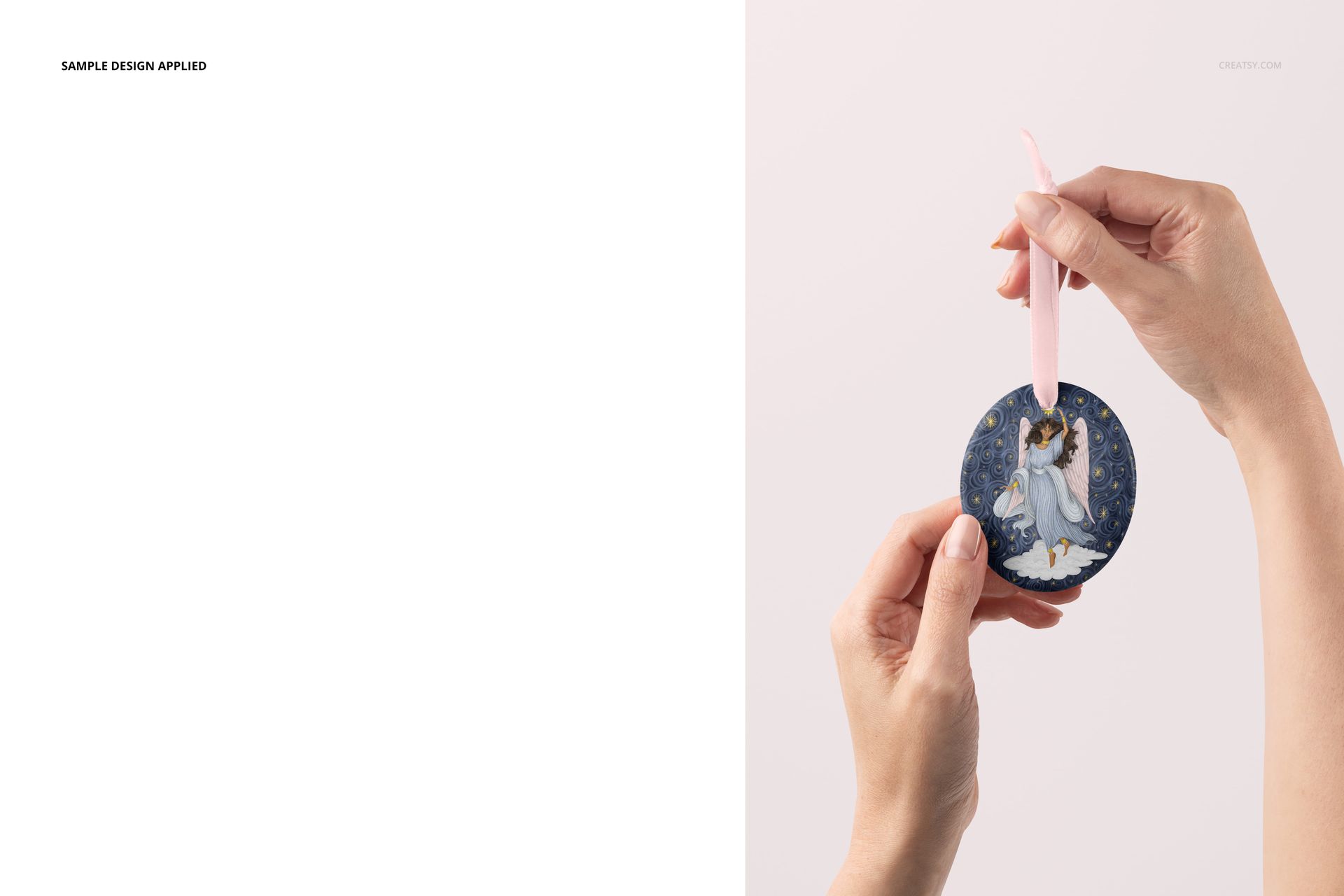 Oval-shaped Christmas ornament mockup held by two hands, featuring a dark blue background and festive design.