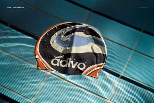 Mockup of a swim cap featuring a bold graphic pattern, displayed over a tiled swimming pool background.