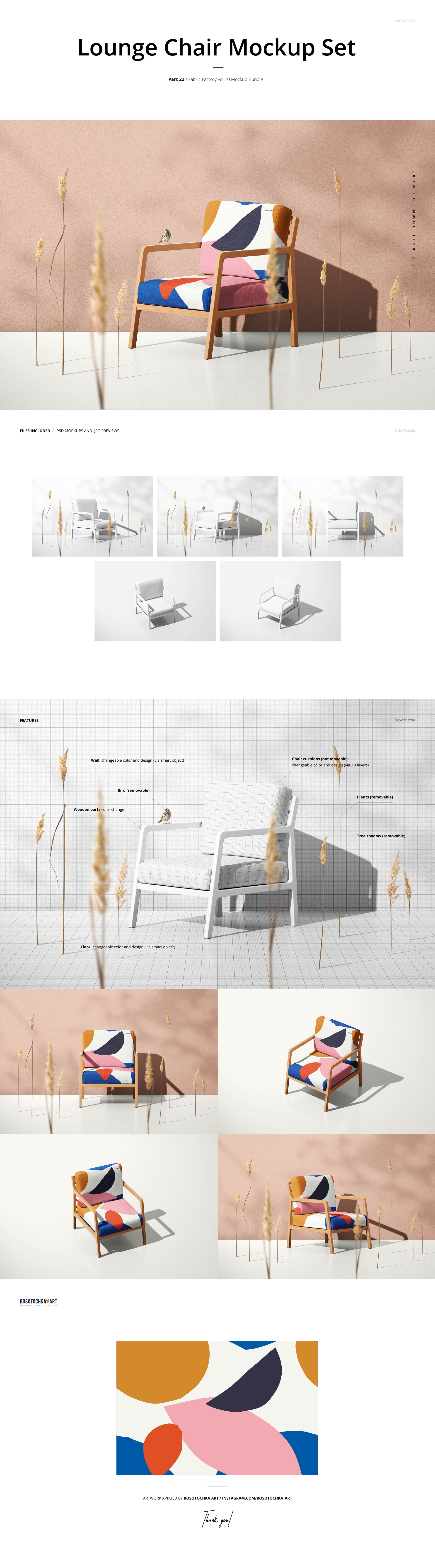 Wooden lounge chair mockup with abstract colorful fabric design, front view against a soft pink wall and dried grass.