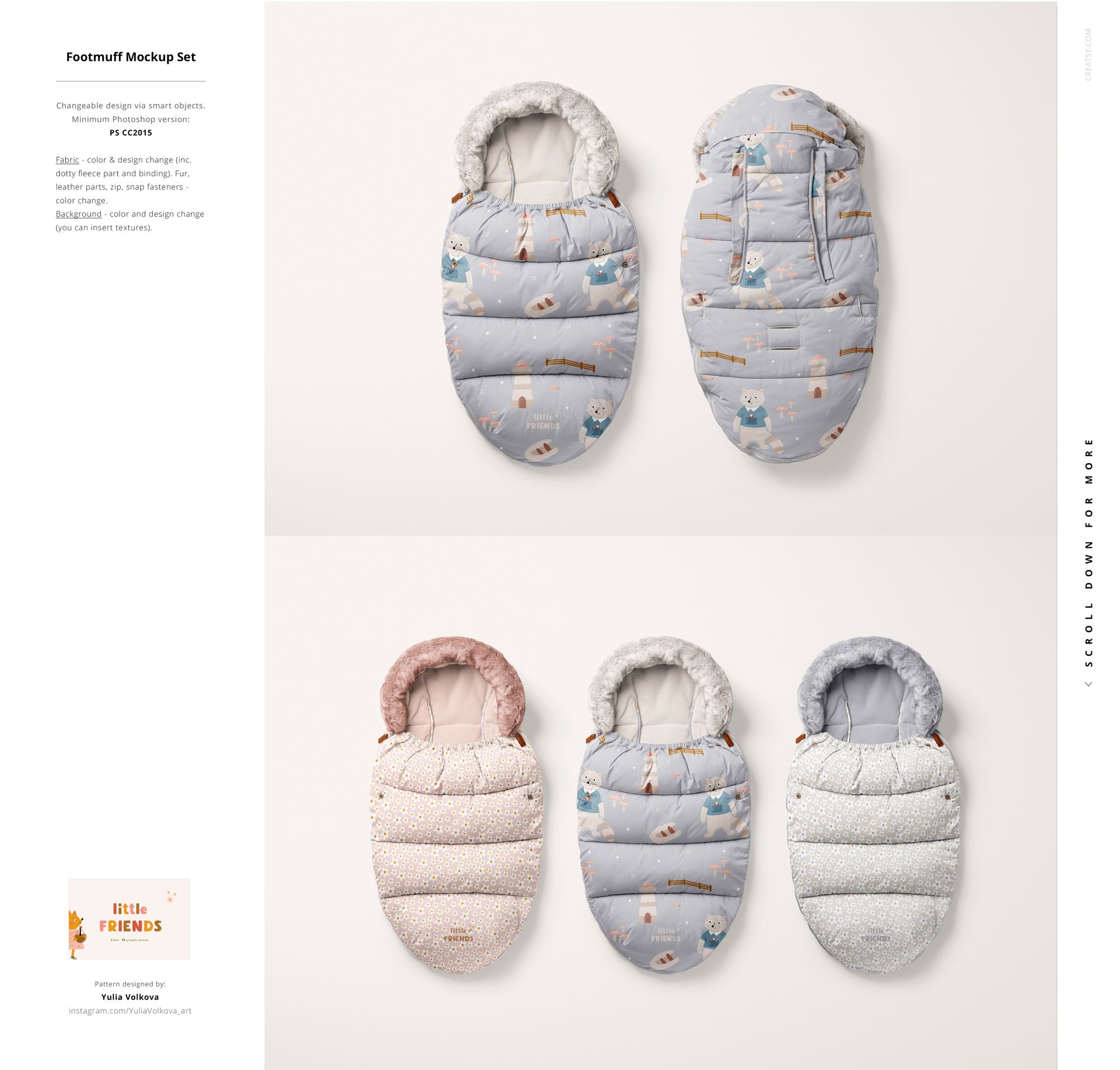 PSD mockup featuring assorted baby footmuffs in light blue, pink, and gray tones, viewed from a top-down perspective.