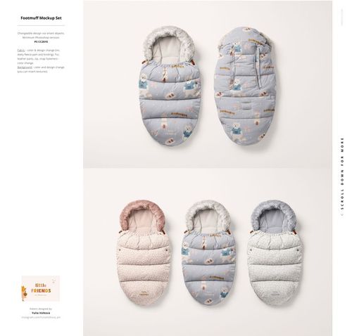 PSD mockup featuring assorted baby footmuffs in light blue, pink, and gray tones, viewed from a top-down perspective.