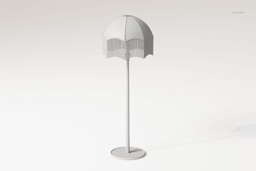 Vintage style floor lamp with a fringed umbrella-shaped shade, shown from the front on a plain light background.
