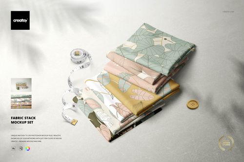 Fabric Stack Mockup set featuring folded textiles with leaf and bird patterns in muted tones, shown from a top angle.