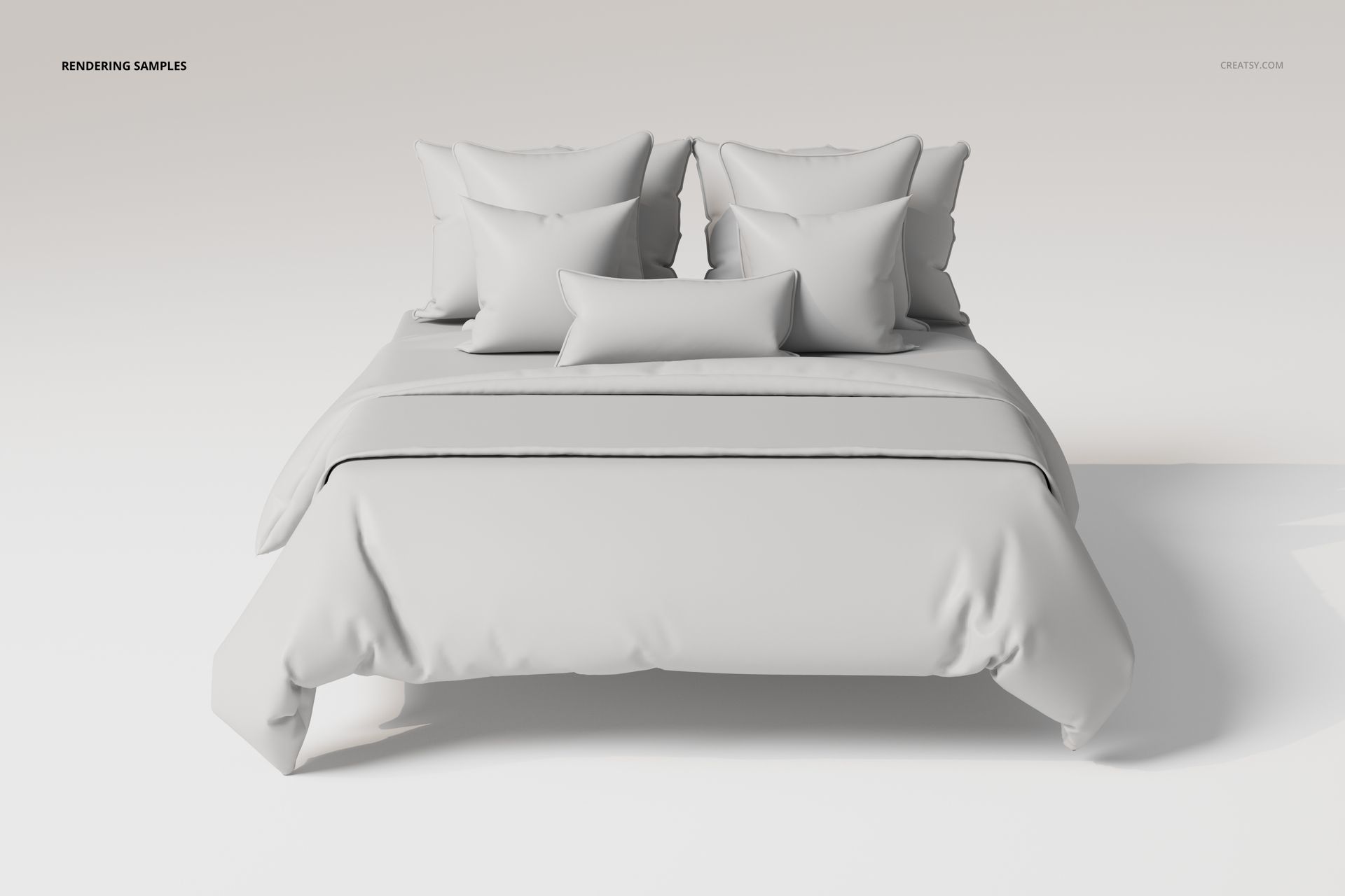 Front view of a bedding set with piped pillows and duvet in solid light gray color, arranged on a simple bed.