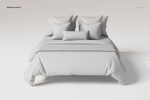 Front view of a bedding set with piped pillows and duvet in solid light gray color, arranged on a simple bed.