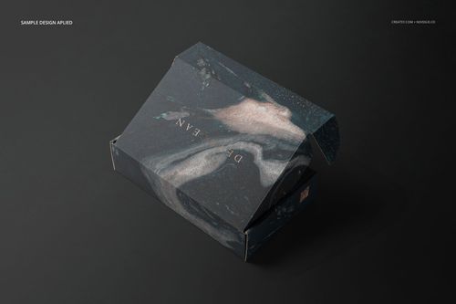 Mailing box mockup featuring a dark abstract design, viewed from above with the lid slightly open on a dark background.