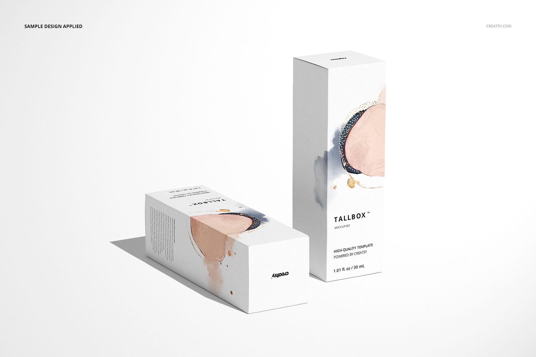Tall box PSD mockup featuring two vertical boxes with soft abstract designs, arranged on a plain white background.