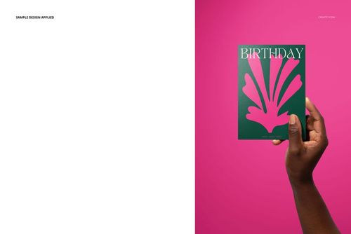 5x7 greeting card mockup featuring bold pink graphics and birthday text, held in a hand with a vibrant pink background.