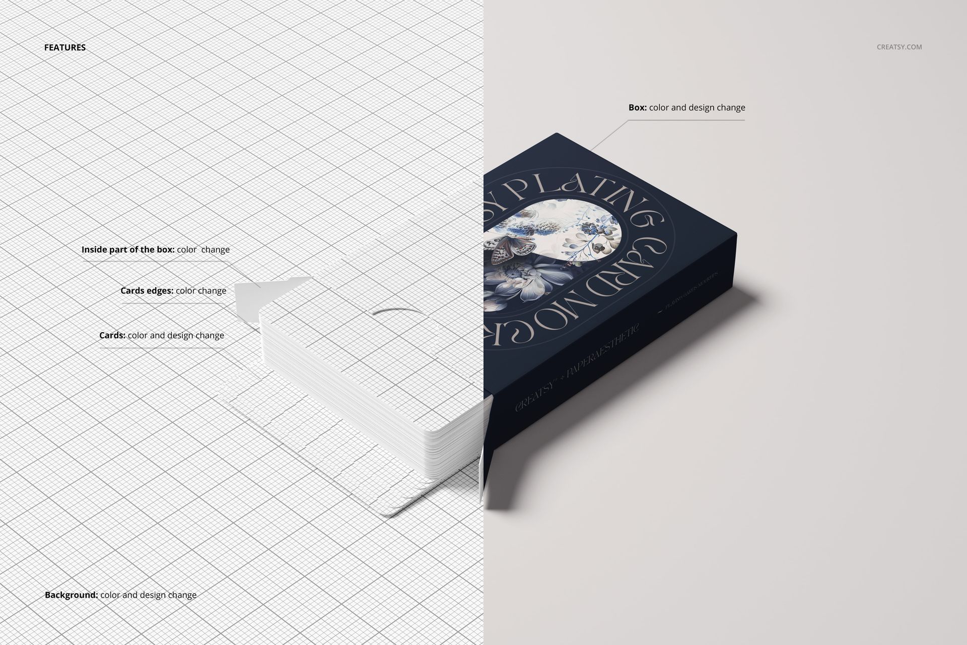 Playing cards mockup set showing a deck of cards and a dark blue box, split between grid background and plain surface.