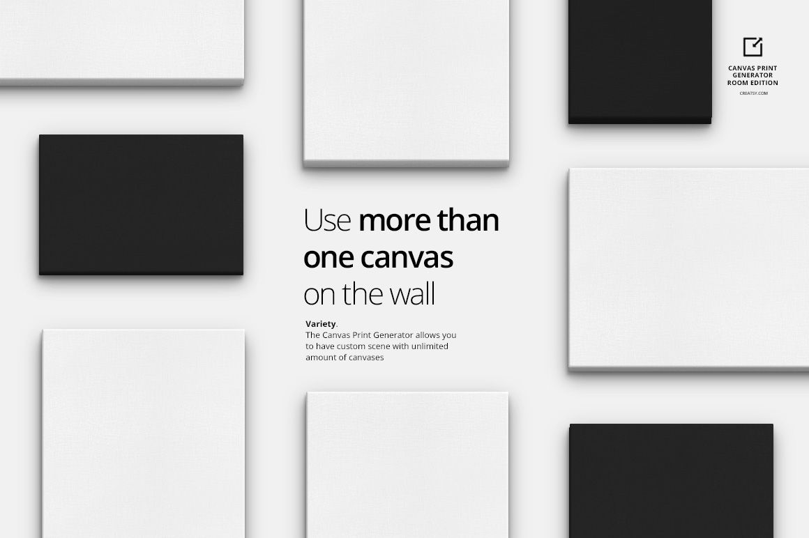 Mockup showing several canvas prints in different sizes and colors, positioned on a clean white surface.