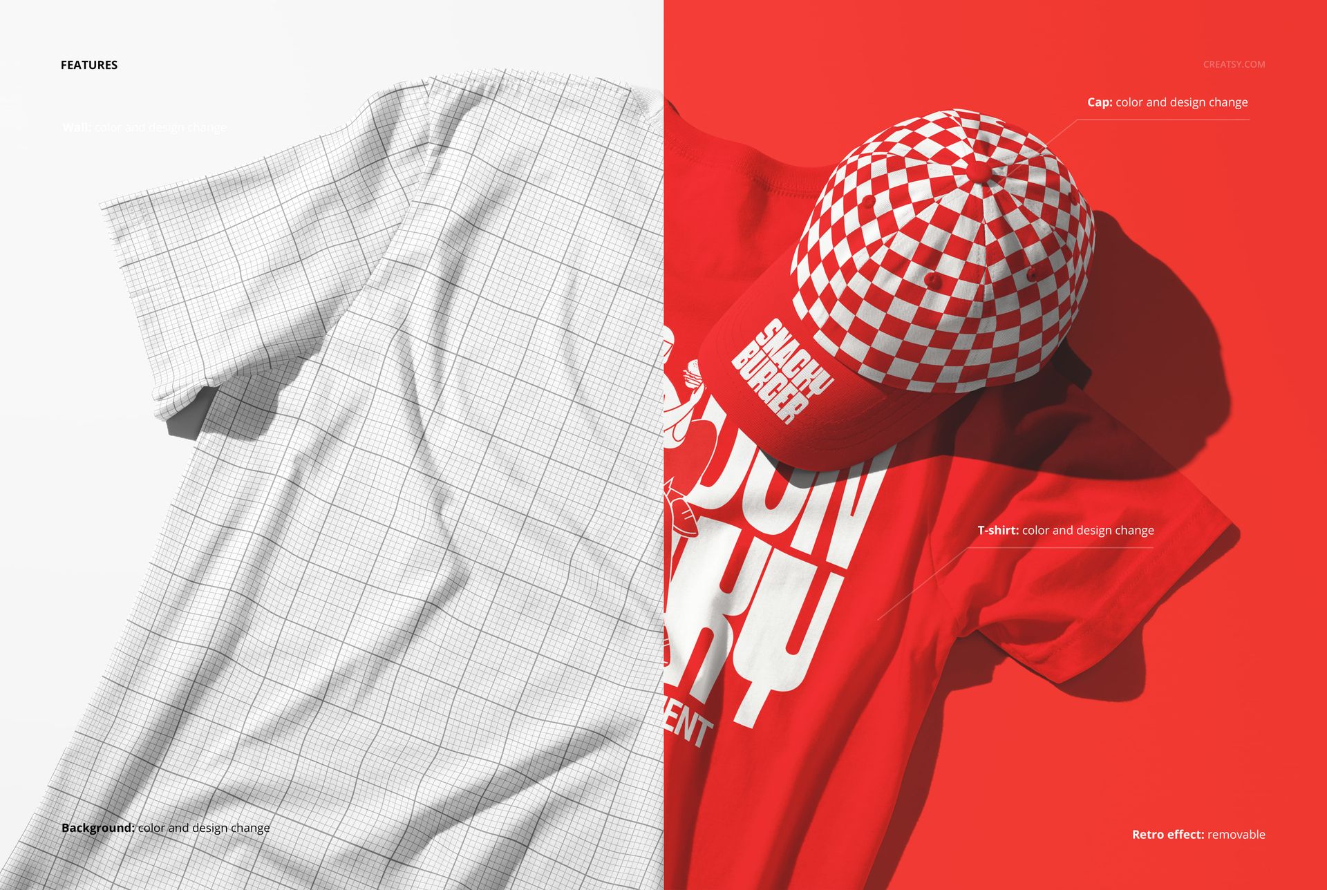 Mockup featuring a white grid-patterned t-shirt on the left and a red t-shirt with a checkered cap on the right, top view.