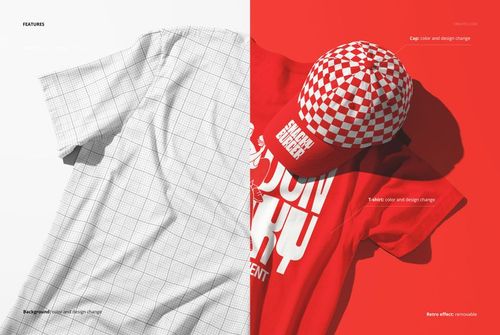 Mockup featuring a white grid-patterned t-shirt on the left and a red t-shirt with a checkered cap on the right, top view.