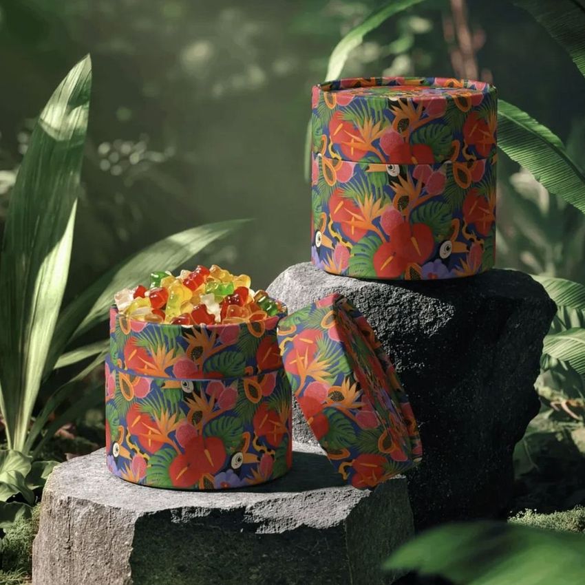 Paper tubes packaging mockup featuring colorful jungle-inspired patterns, filled with assorted jelly candies, set on rocks outdoors.