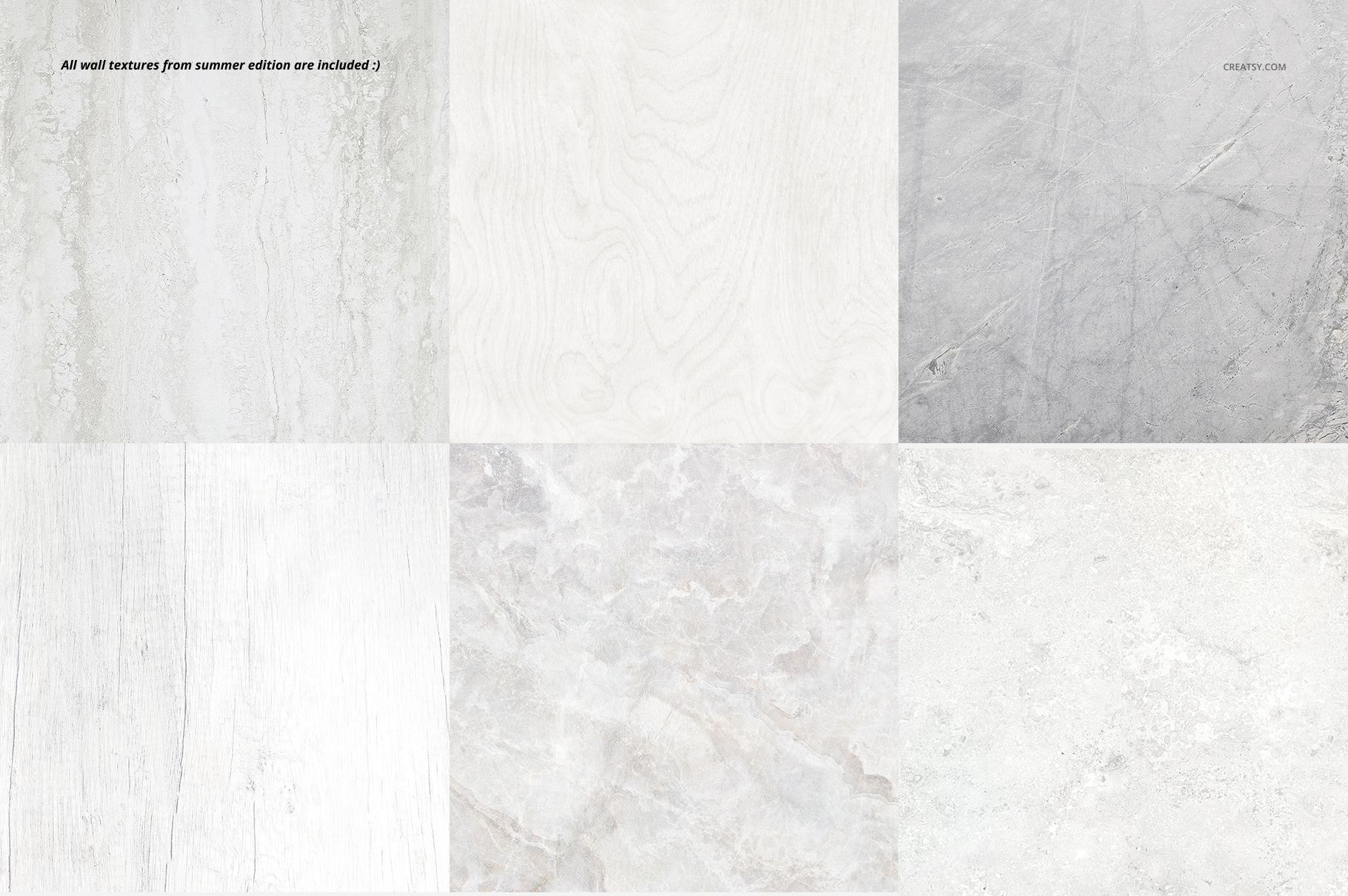 Six square panels featuring various light gray and white textured backgrounds, arranged in two rows for mockup use.