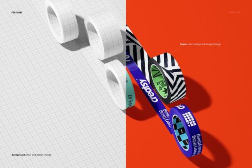 Mockup of packaging tapes shown from an angled top view, featuring plain white and vibrant patterned variations.