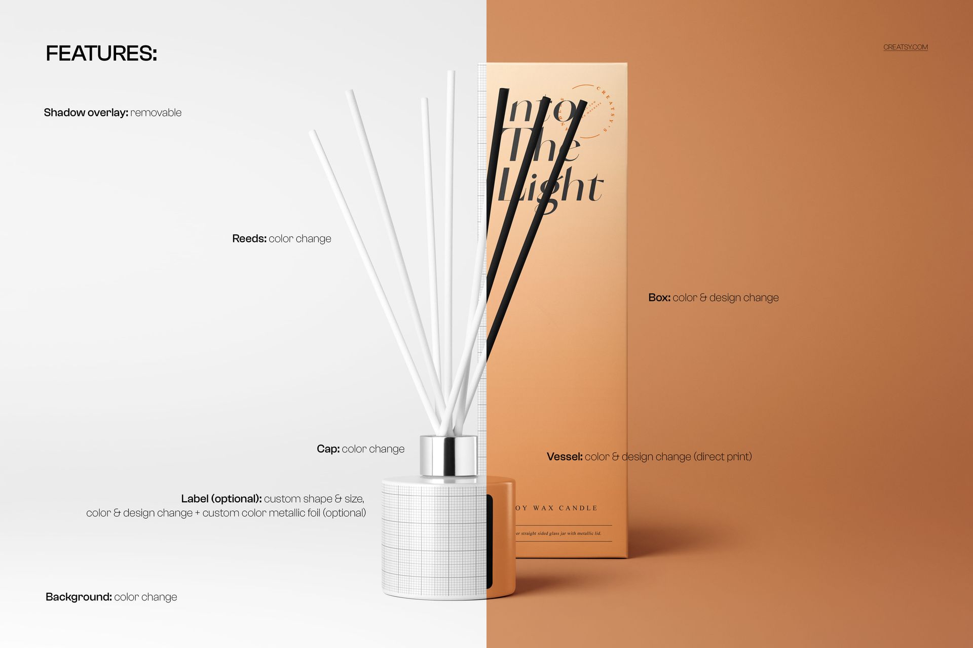 Front view of a painted glass reed diffuser mockup with white reeds, cylindrical vessel, and a beige box in the background.