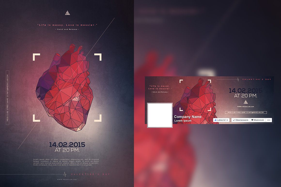 Front view of a poster and Facebook cover mockup featuring a geometric polygon heart in shades of red and purple on a dark background.