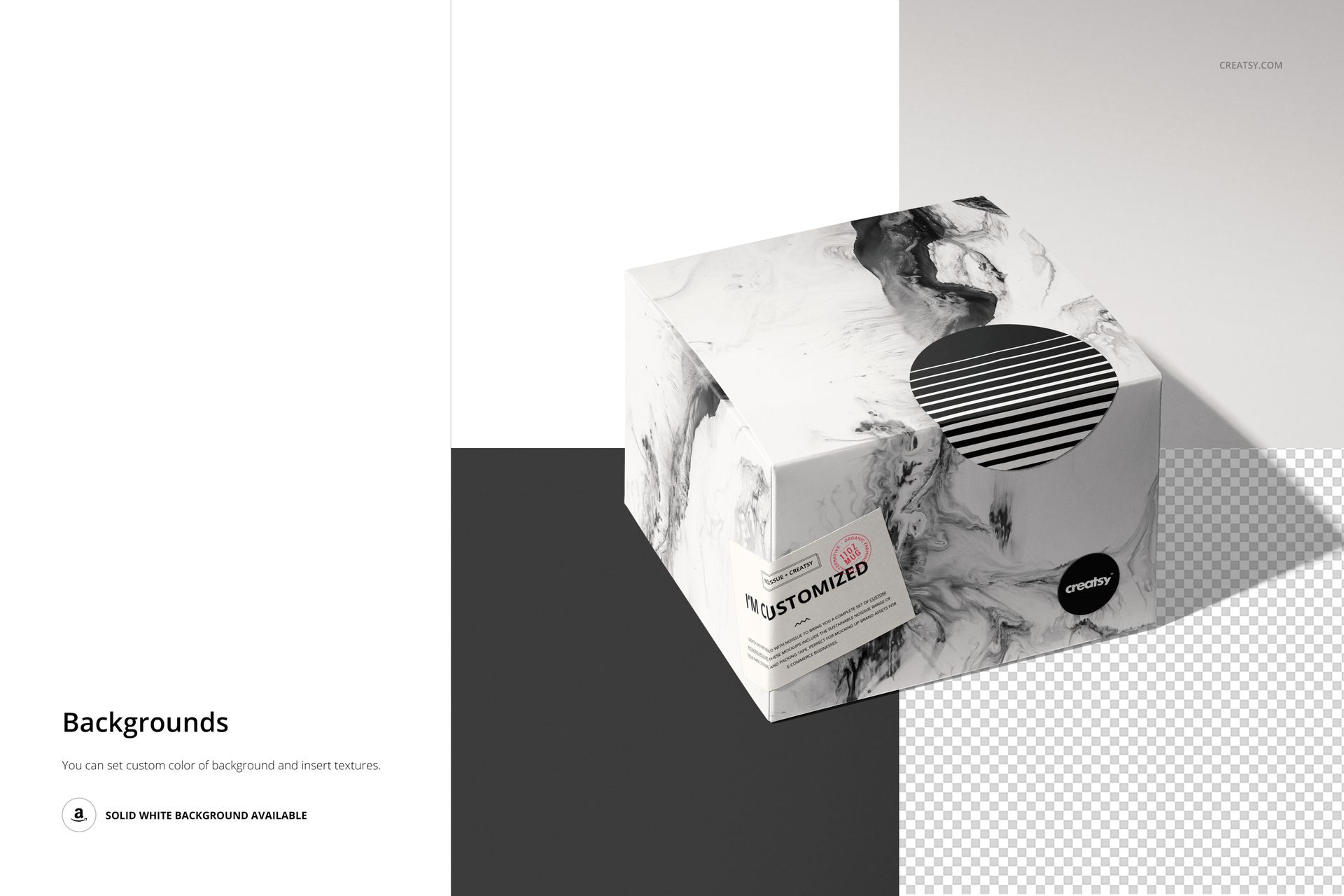 Mockup of a square box featuring a white and gray marble pattern and black accents, displayed on a geometric surface.