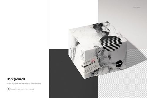 Mockup of a square box featuring a white and gray marble pattern and black accents, displayed on a geometric surface.