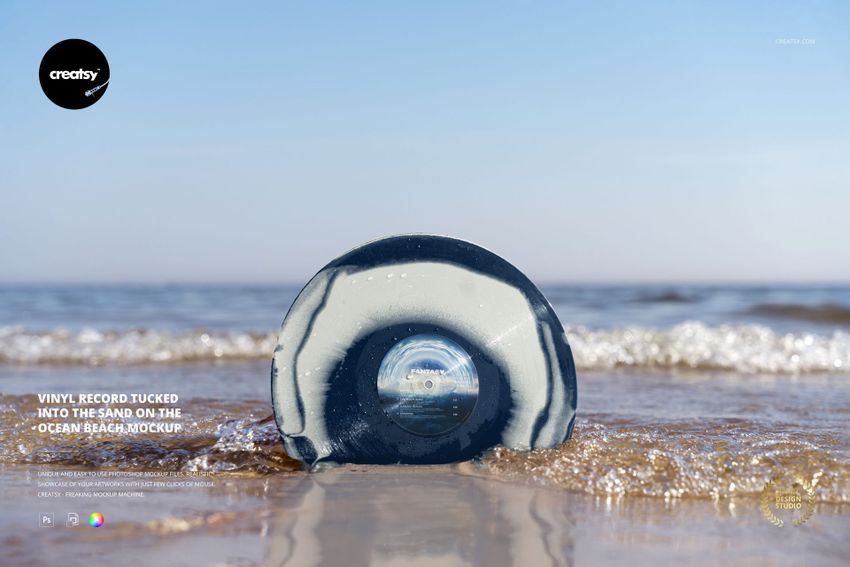 Vinyl Record Tucked into the Sand on the Ocean Beach Mockup - mockup screenshot 1
